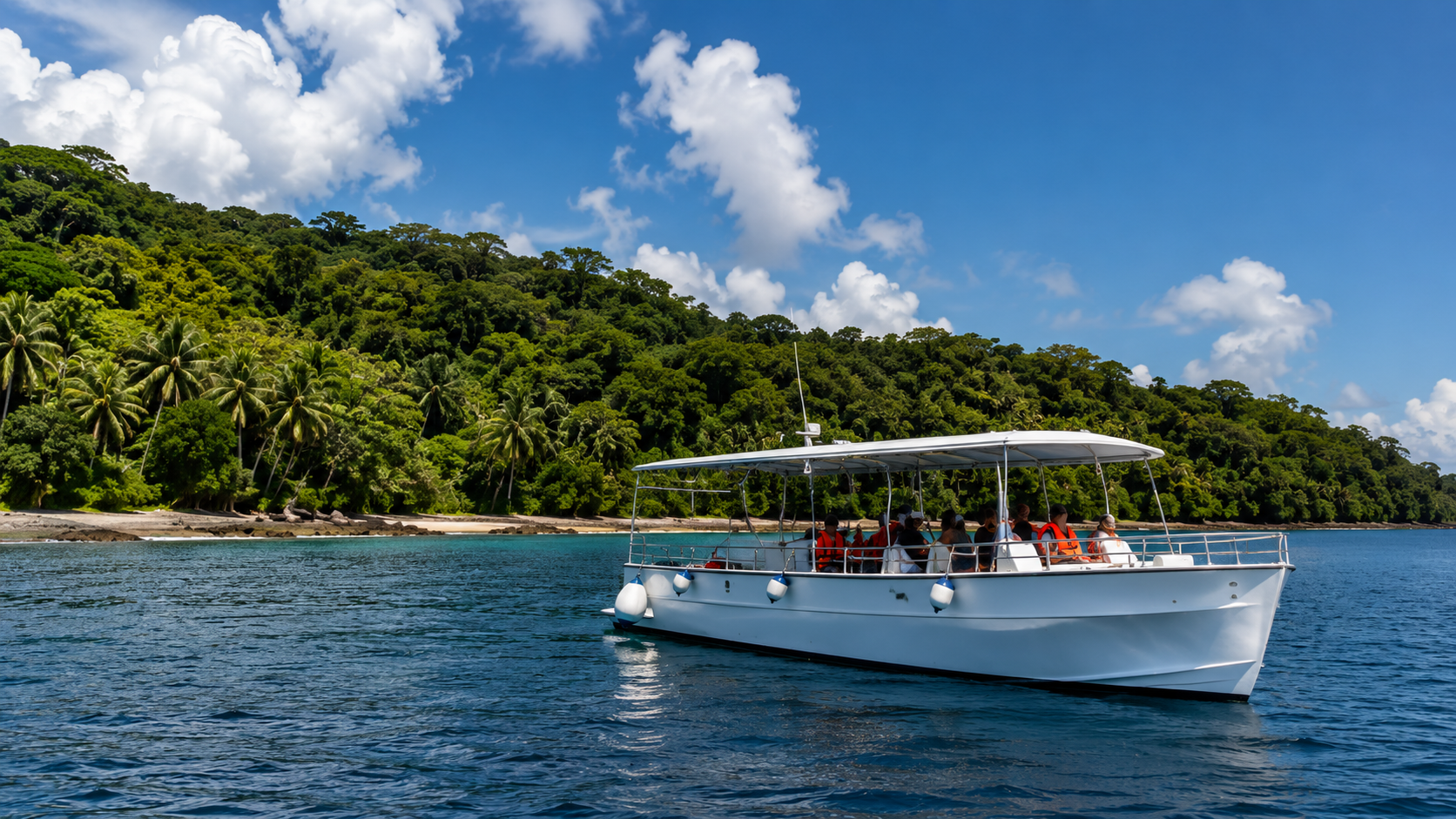Tour boat near a tropical island coast in a Coiba day trip inspired visual