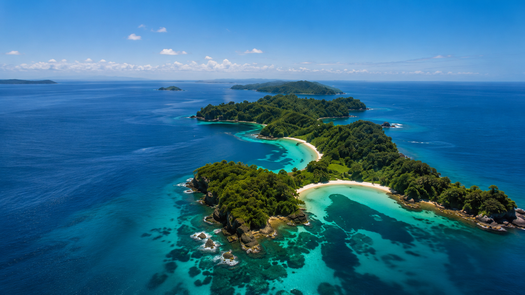 Turquoise water and forested islands in a Coiba-inspired aerial visual