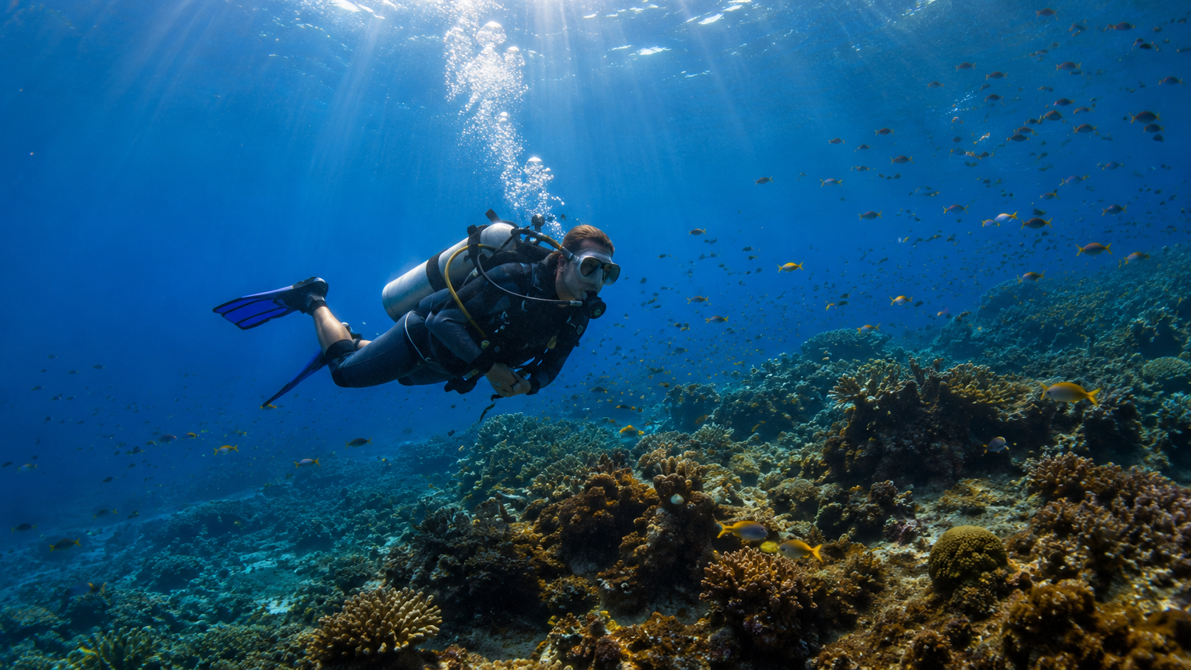 Scuba diver above a reef in a Coiba-inspired diving visual