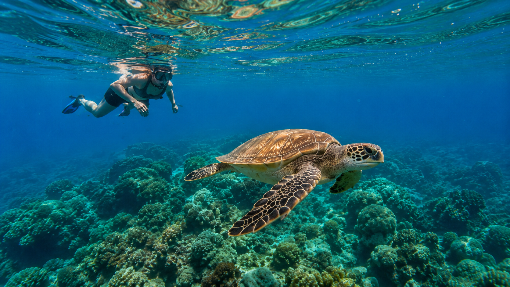 Snorkeler and sea turtle over a reef in a Coiba inspired underwater visual