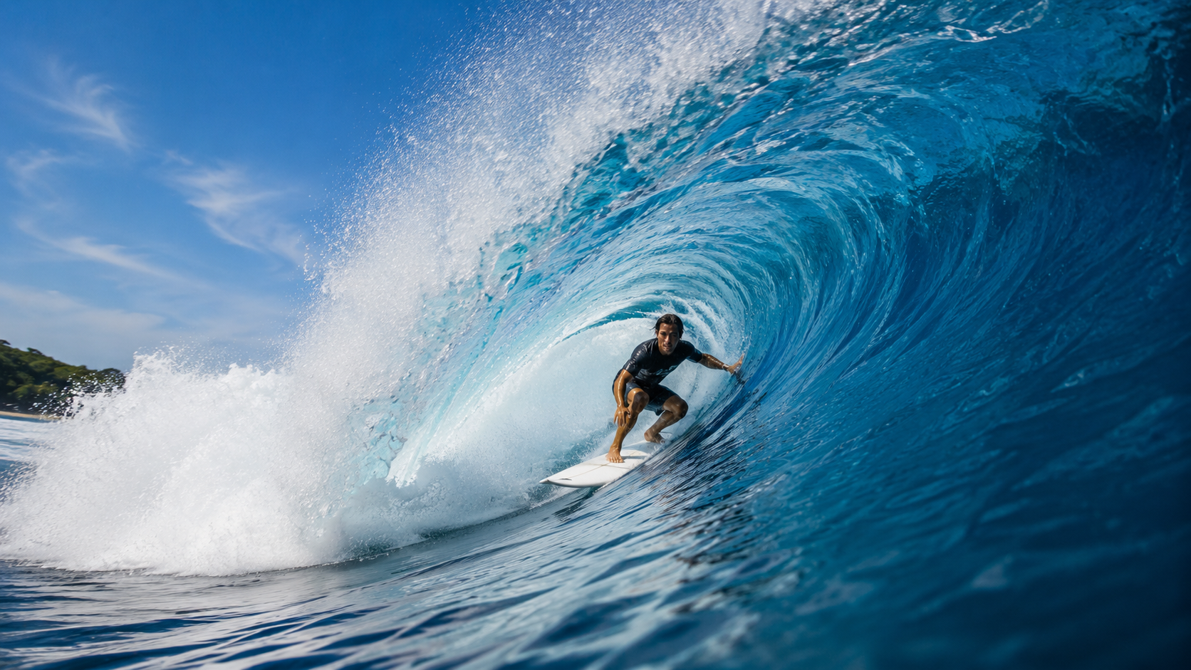 Surfer inside a powerful blue wave in a La Punta Santa Catalina inspired visual
