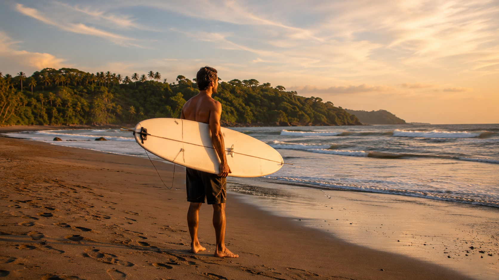 Surfer holding a board on a dark sand beach at sunset in a Playa Estero inspired visual