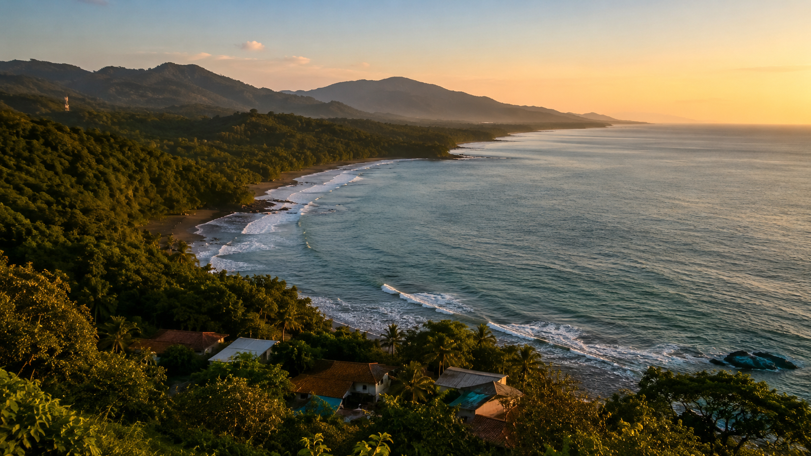 Aerial-style Pacific coastline at sunset in a Santa Catalina, Panama inspired travel visual