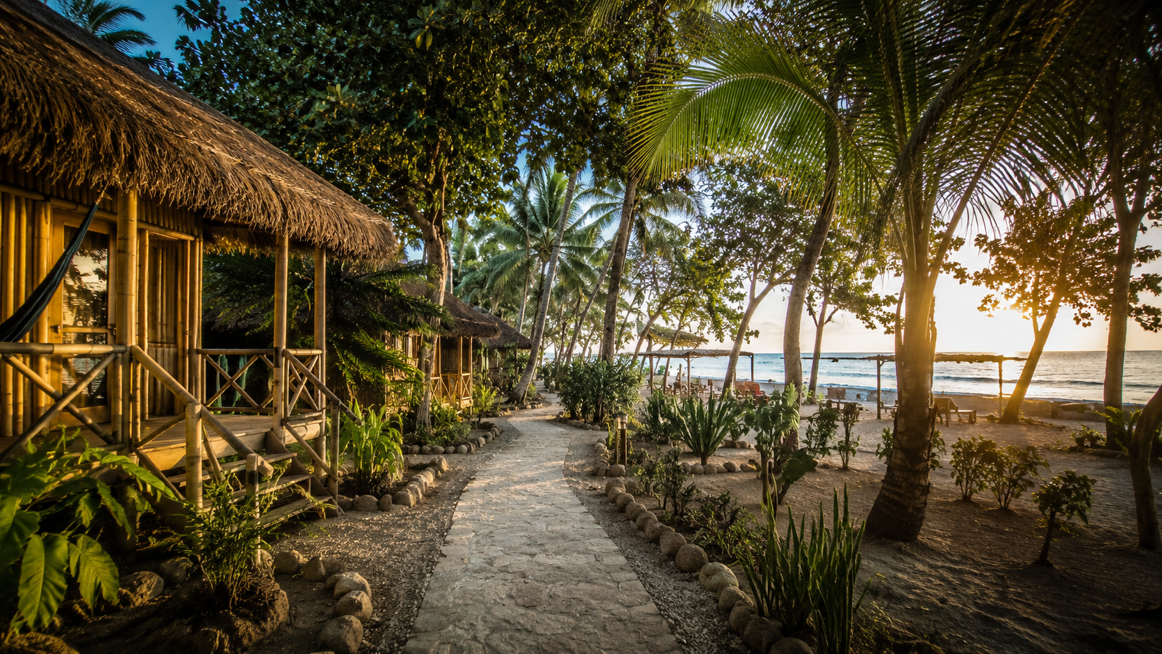 Beachside eco lodge setting with palms and warm light in a Santa Catalina inspired visual