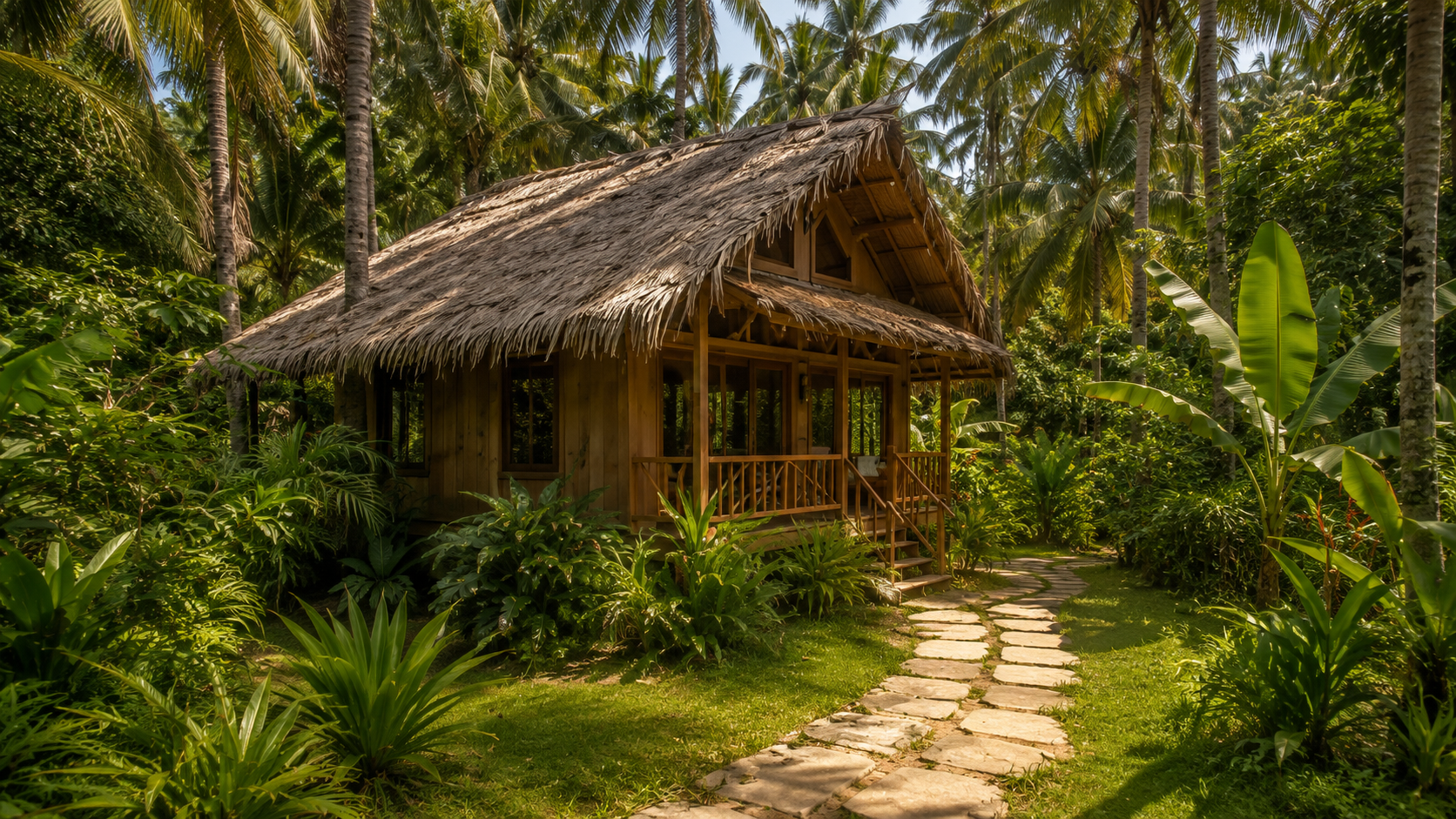 Palm-framed eco lodge cabin in a Santa Catalina accommodation inspired visual