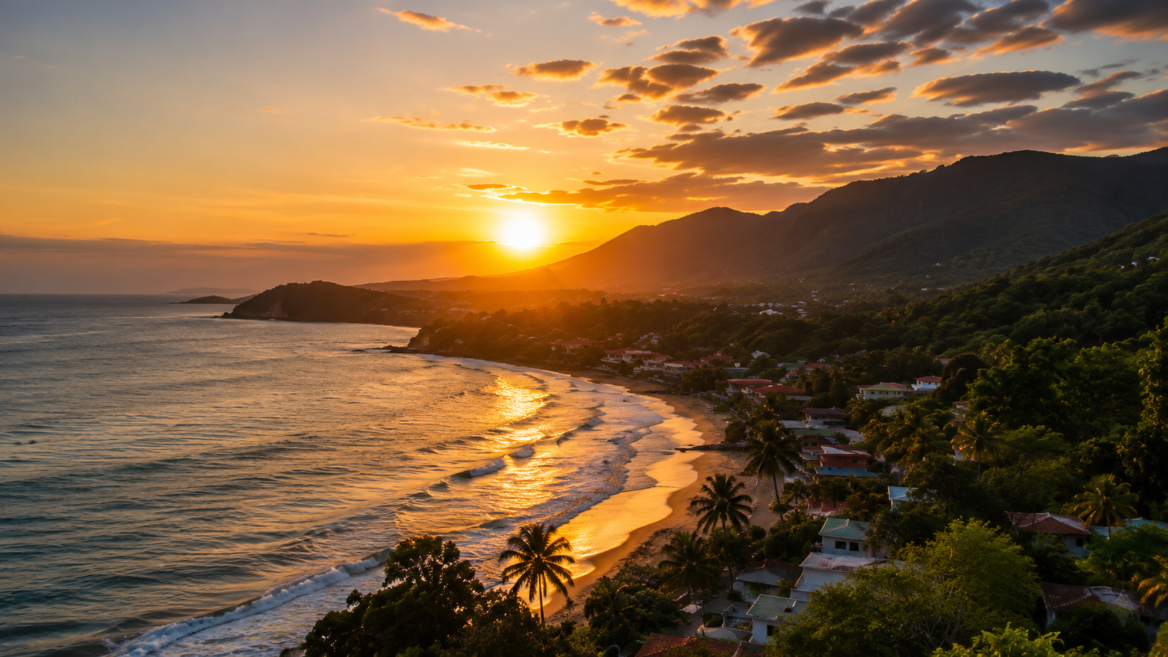 Sunset over a Pacific coast village inspired by Santa Catalina, Panama