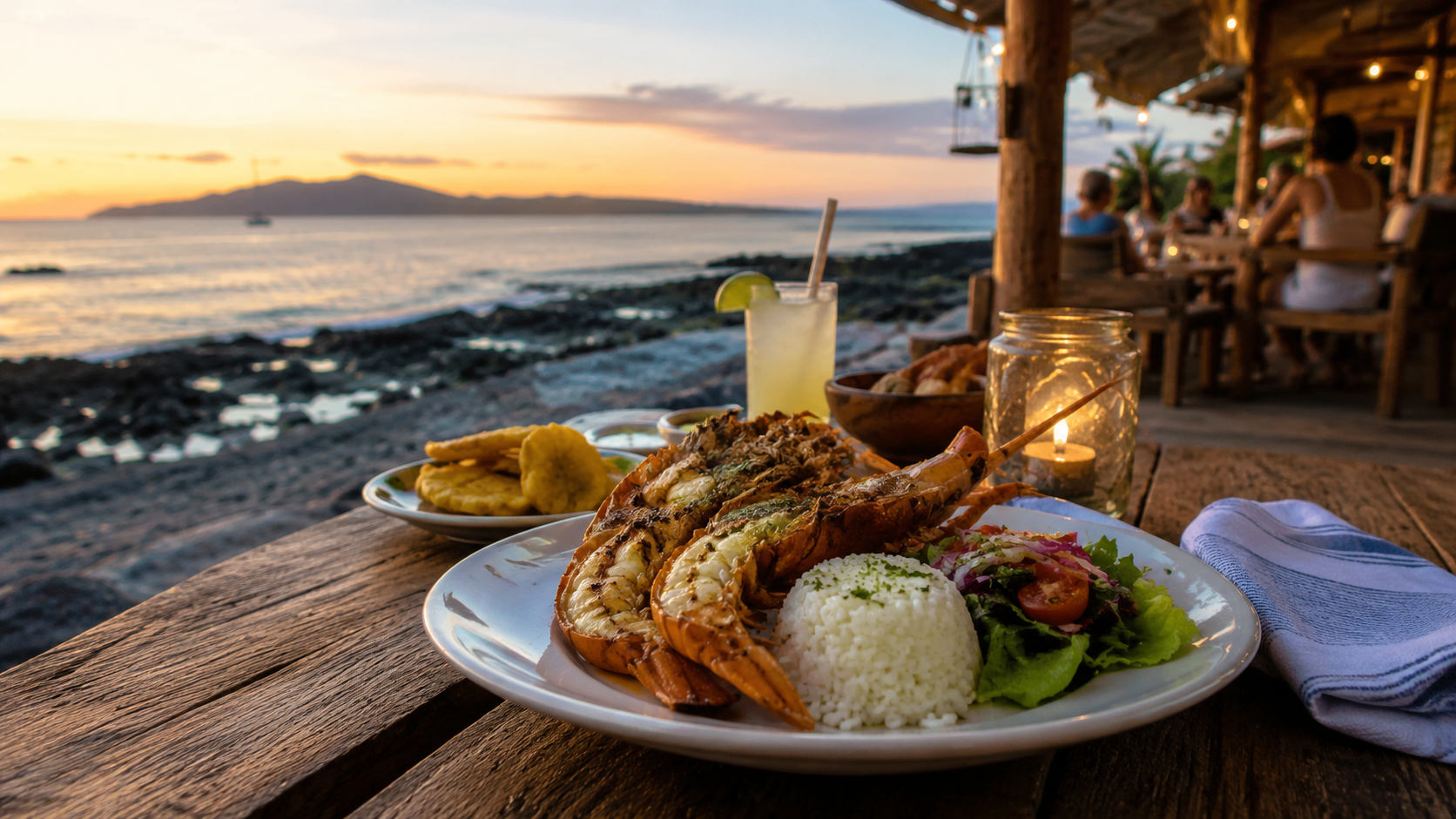 Seafood dinner by the Pacific coast in a Santa Catalina restaurant inspired visual